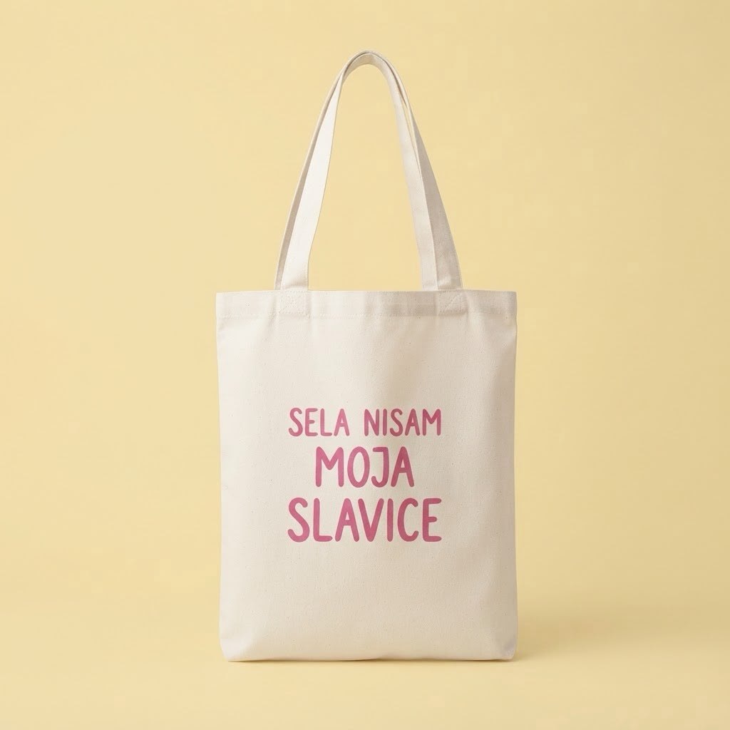 Prirodni platneni ceger sa roze natpisom Sela nisam moja Slavice